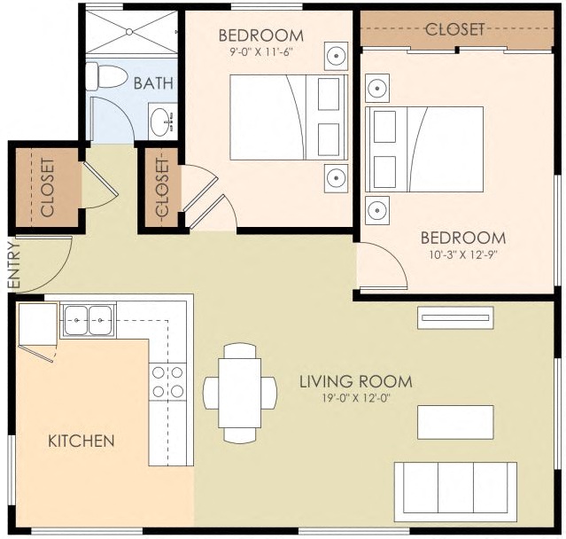 Floor plan for 2 beds, 1 bath, 757 sqft